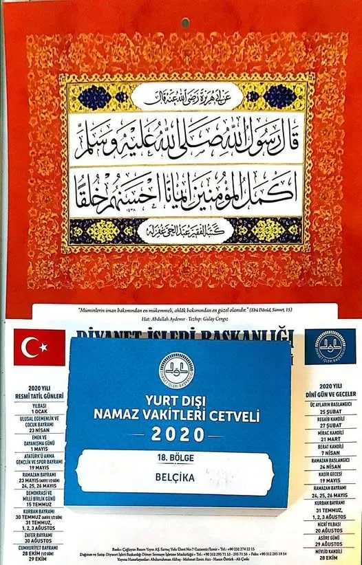 Calendrier 2020 de la Présidence des Affaires religieuses de Turquie avec les jours religieux et horaires de prière