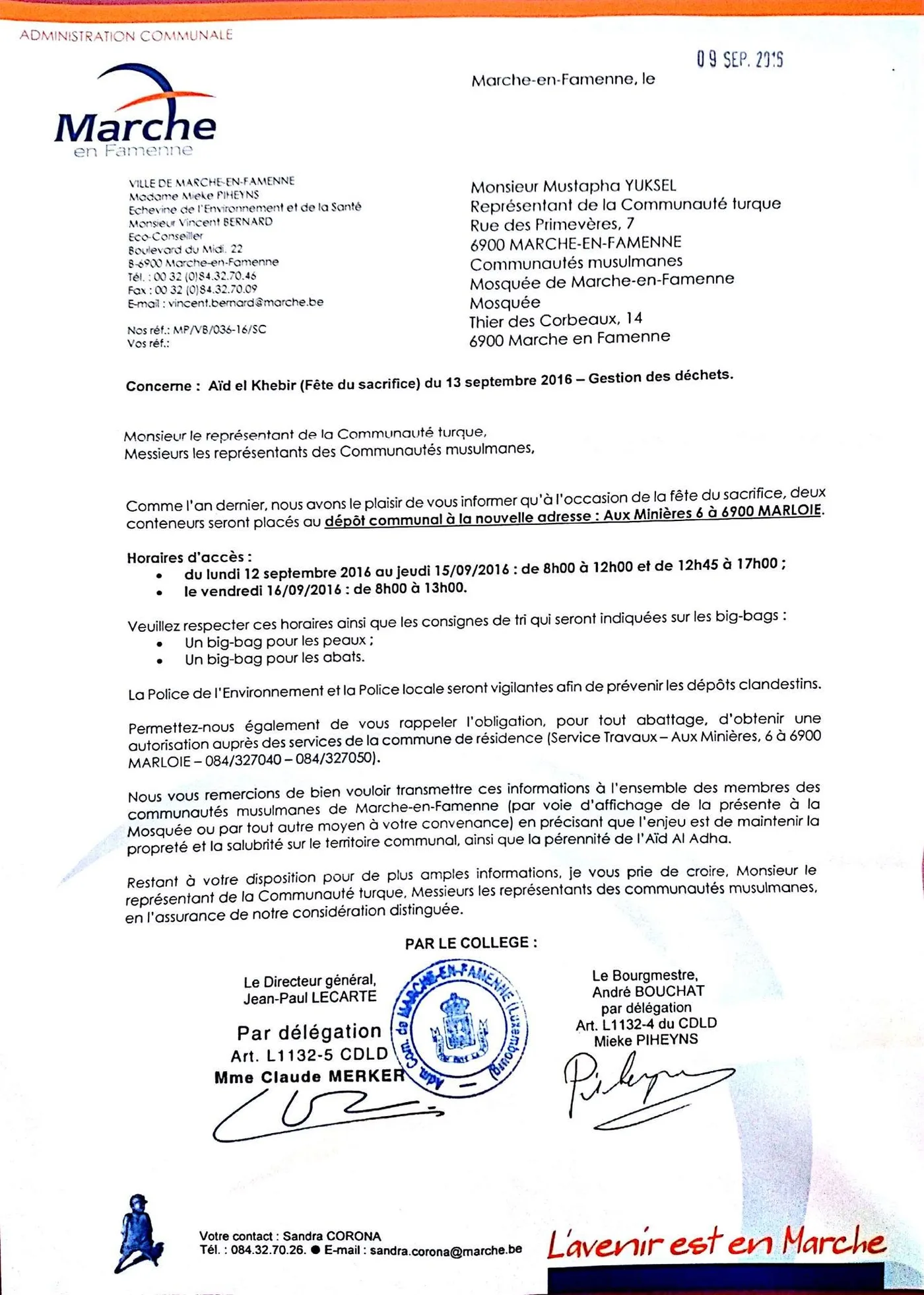 Lettre officielle de la Ville de Marche-en-Famenne sur la gestion des déchets de l’Aïd al-Adha 2016