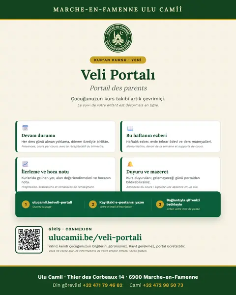 Affiche du portail des parents — étapes de connexion et adresse ulucamii.be/veli-portali