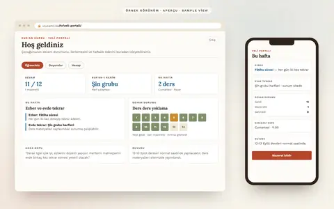 Aperçu du portail des parents — présences, mémorisation et devoir de la semaine, remarques de l'enseignant et annonces