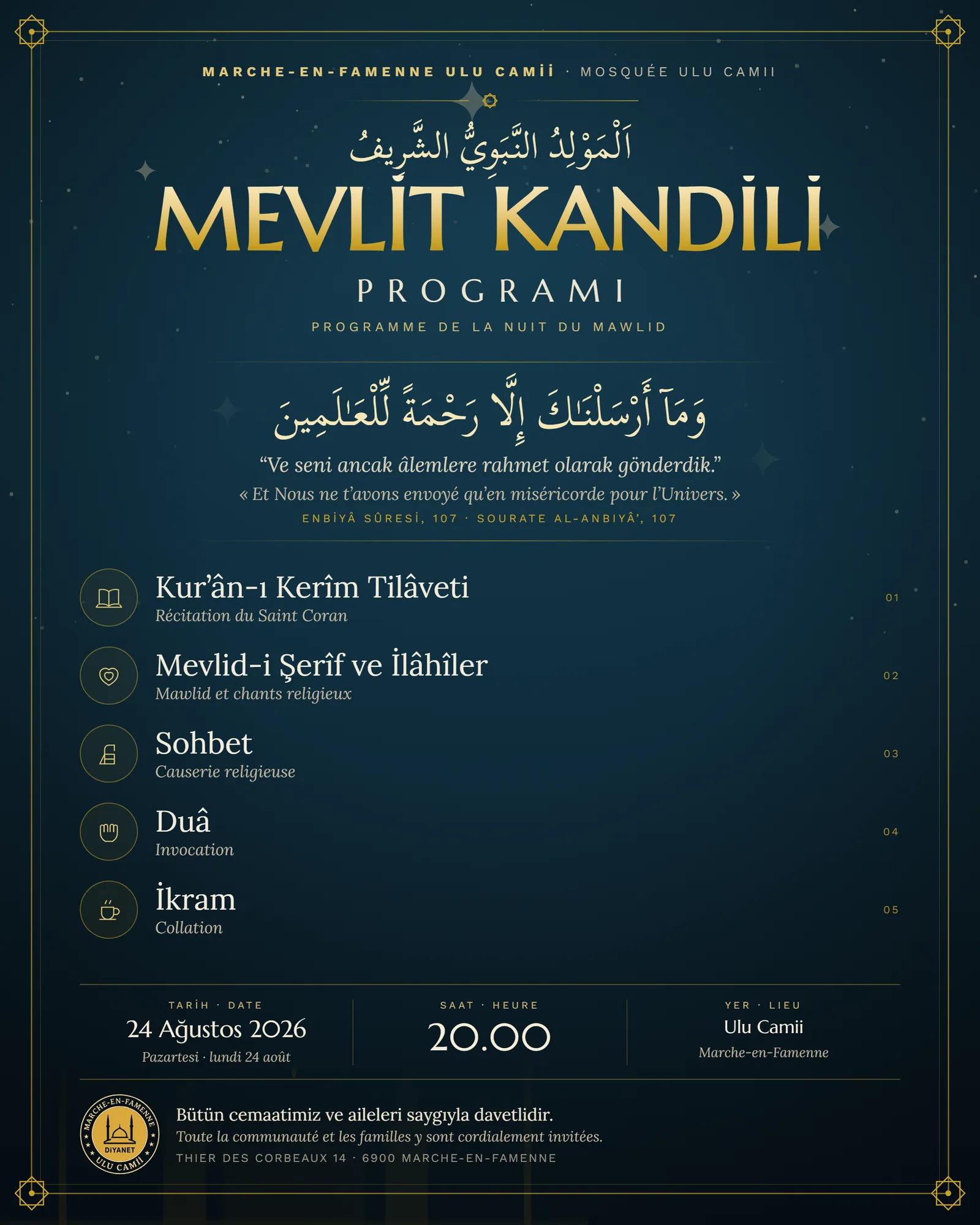 Affiche du programme de la nuit du Mawlid 2026