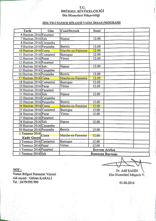 Programme de prédication du Ramadan 2016 (région de Namur)