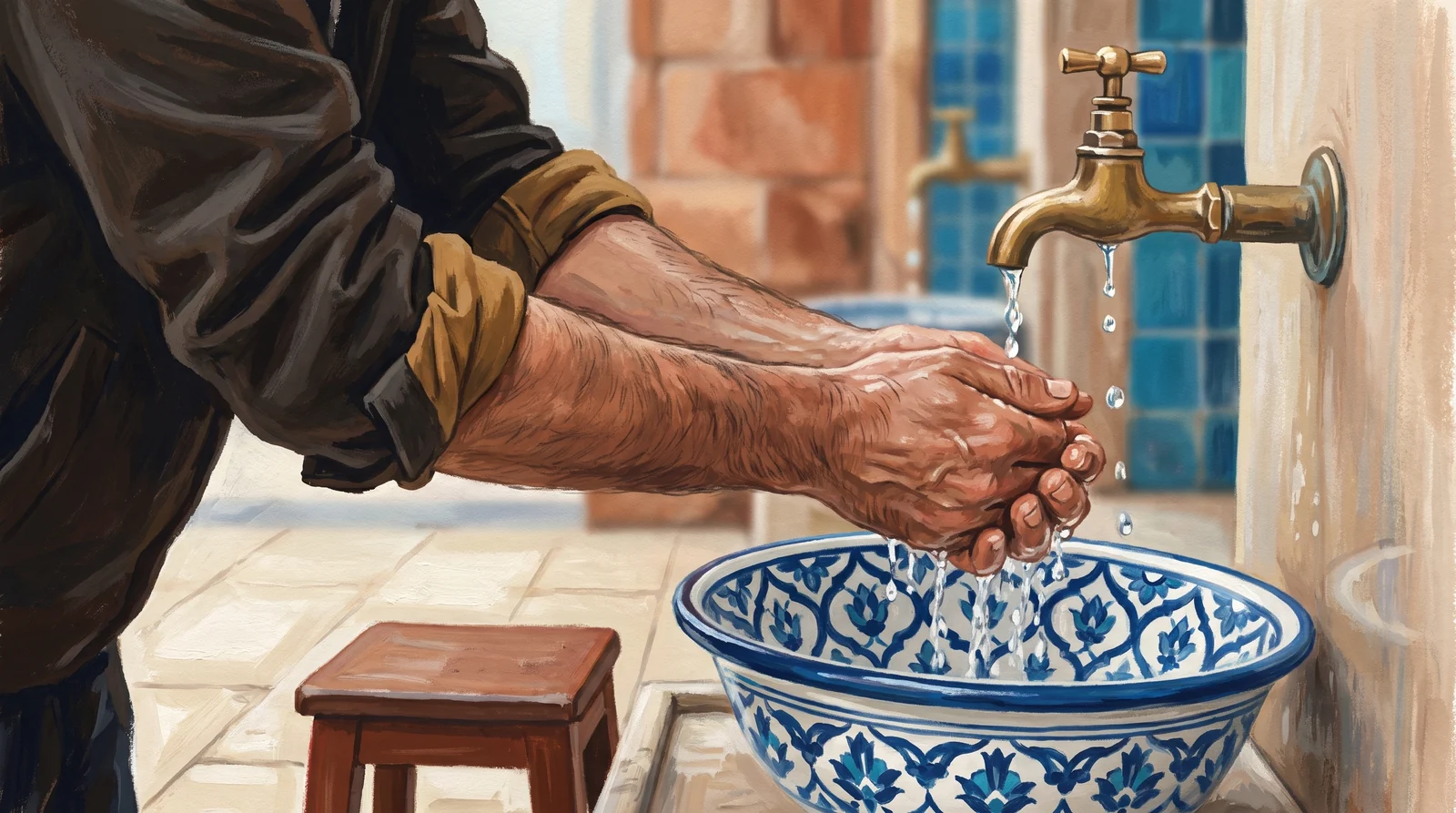 Im Waschraum einer Moschee: Hände, die unter dem Wasser aus einem Messinghahn gewaschen werden, und ein Waschbecken mit Iznik-Muster.