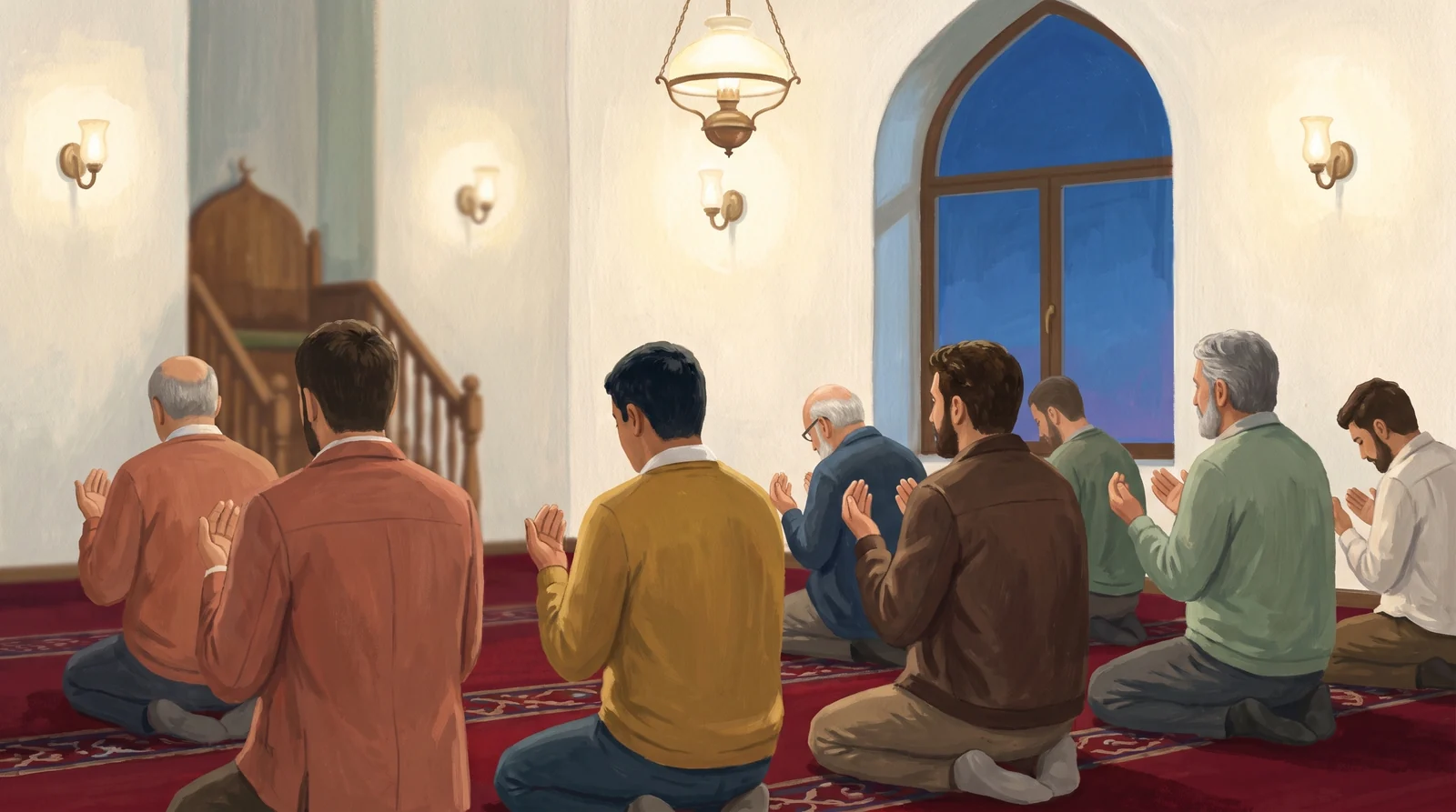 Am Abend sitzen in einer schlichten Moschee Männer verschiedenen Alters auf rotem Teppich, von hinten gesehen; ihre Hände sind zum Bittgebet geöffnet.