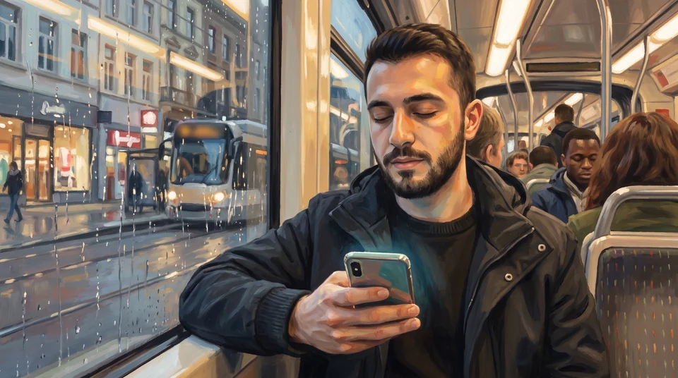 In der abendlichen Straßenbahn schließt ein junger Mann mit dem Handy in der Hand die Augen und atmet tief durch, bevor er die Nachricht abschickt.
