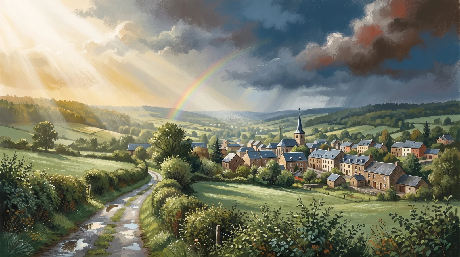 Ein Tal in den Ardennen nach dem Sturm: Die dunklen Wolken ziehen ab, die Sonne erhellt die nassen Felder und die Kleinstadt.