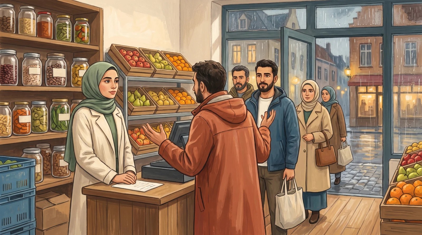 In einem Supermarkt im Viertel hört eine junge Kassiererin mit Kopftuch dem ungeduldigen Kunden mit ruhigem Gesicht zu; dahinter warten Menschen in der Schlange.