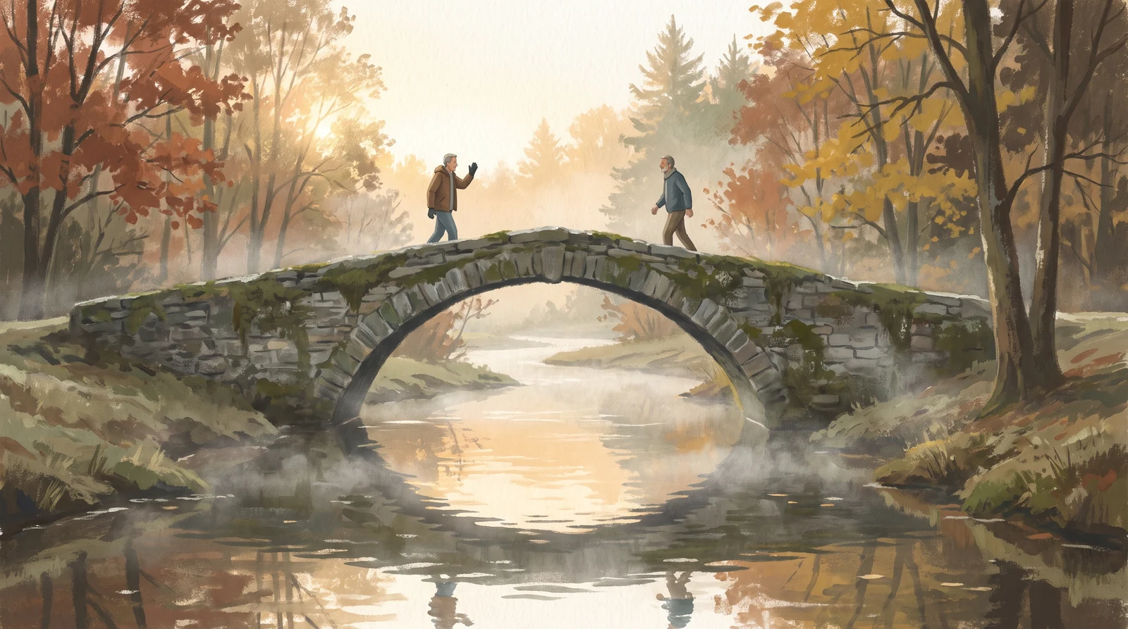 Auf einer alten Steinbrücke über einem nebligen Fluss sind zwei Männer, die von den gegenüberliegenden Ufern kommen, im Begriff, sich in der Mitte zu treffen.
