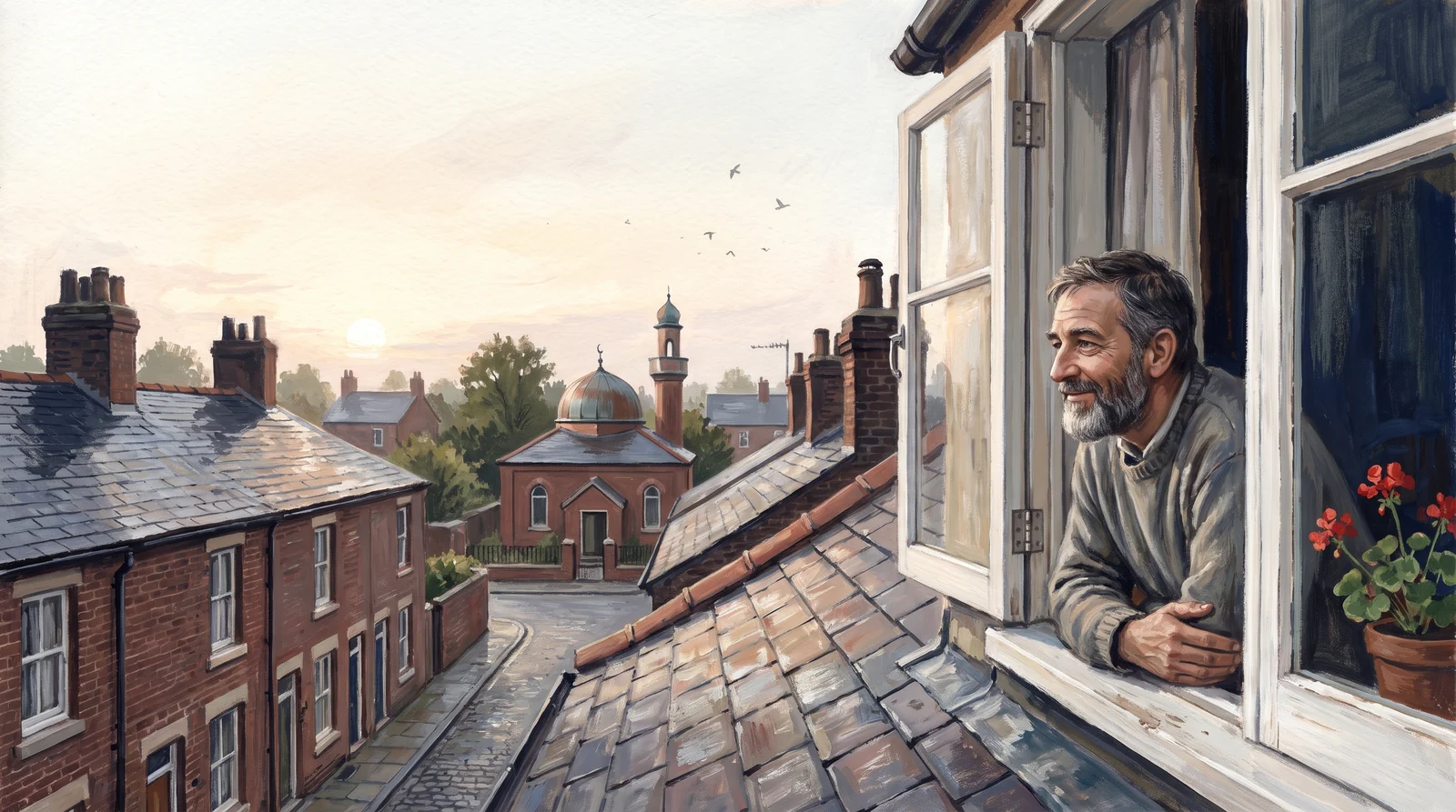 Ein Mann mit grauem Bart öffnet früh am Morgen sein Fenster und blickt voller Ruhe auf die Sonne, die über den Backsteinhäusern und der kleinen Moschee in der Ferne aufgeht.