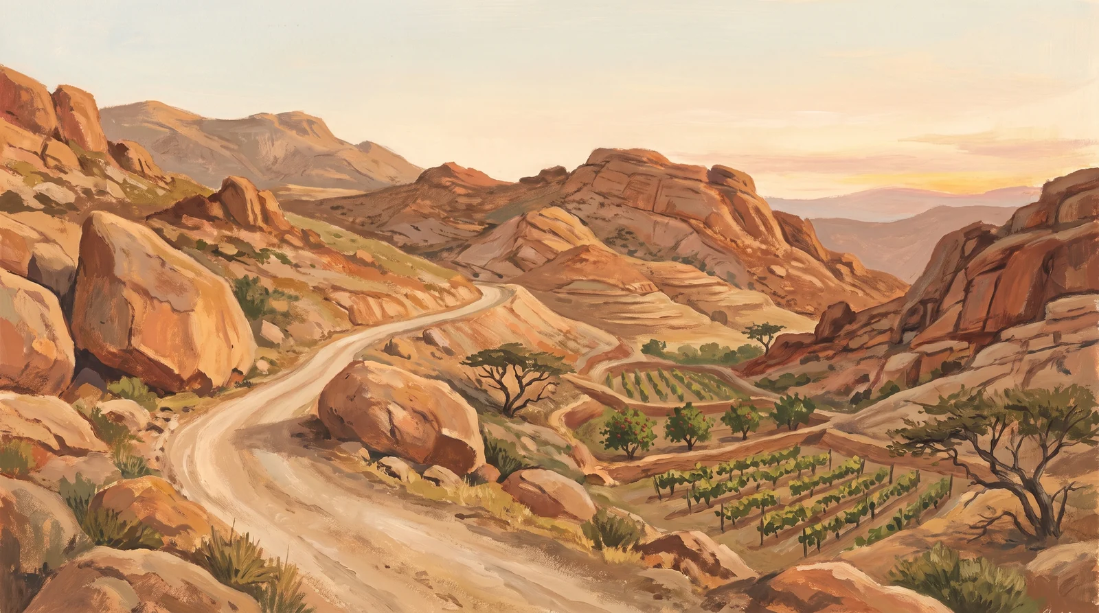 Bei Sonnenuntergang ein leerer, staubiger Weg, der zwischen den Bergen des Hedschas nach Taif hinaufführt; im Tal Weinberge und Granatapfelbäume.
