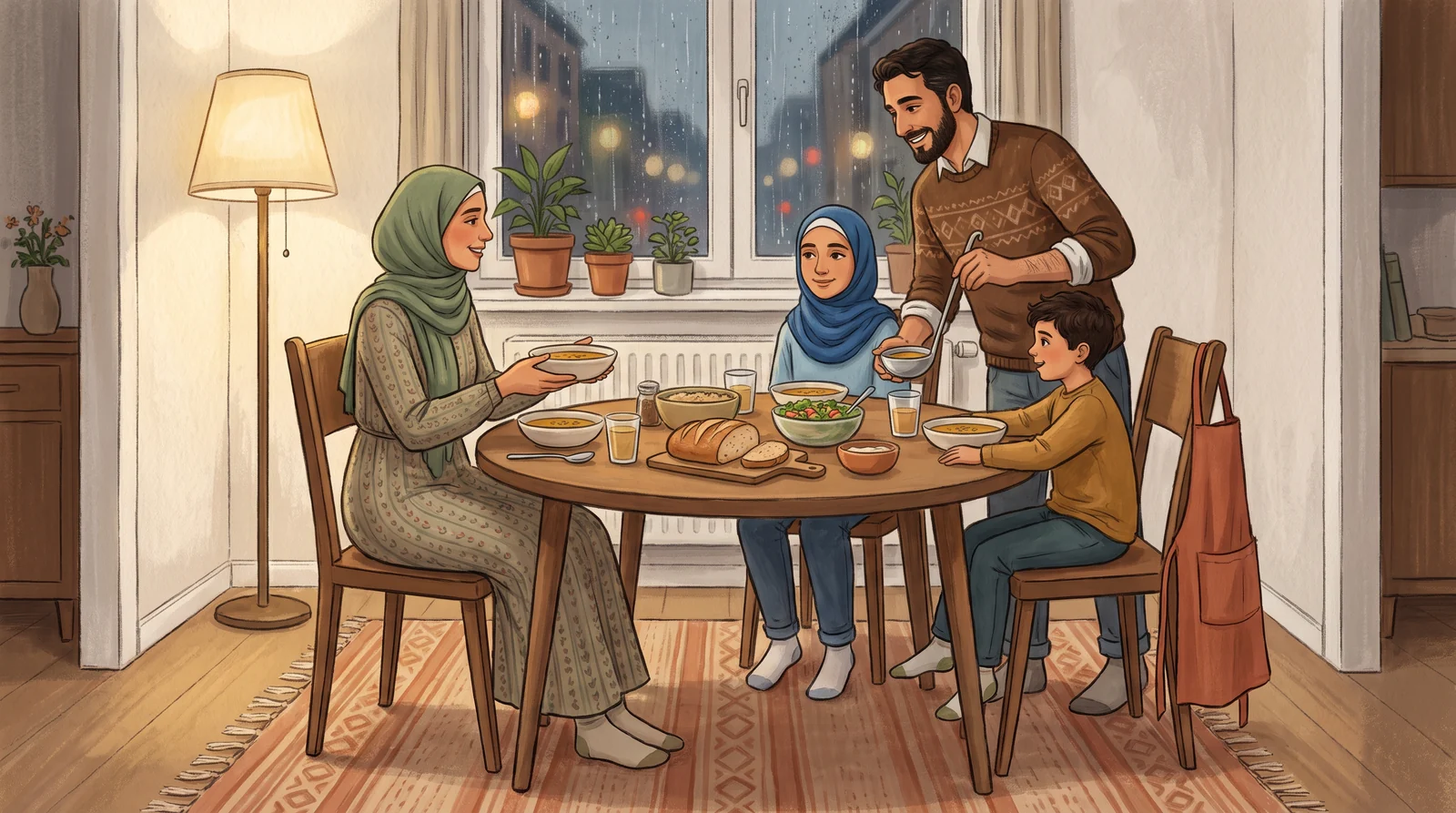 Yağmurlu bir akşam küçük bir dairede yuvarlak sofrada akşam yemeği: kolları sıvalı baba kepçeyle çorba servis ediyor; başörtülü anne, genç kızı ve oğlu gülümseyerek sofrada oturuyor, herkes çoraplı, sandalyede bir mutfak önlüğü asılı.