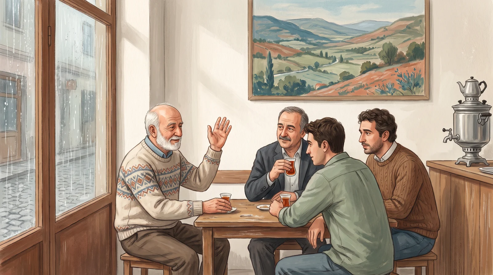 Yağmurlu bir öğleden sonra bir cami derneğinin çay ocağında ince belli bardaklarla çay içen dört erkek; kısa beyaz sakallı yaşlı bir adam gülümseyerek açık avucunu kaldırıp sohbetin yönünü nazikçe değiştiriyor, diğerleri dinliyor; arkada semaver ve duvarda bir manzara resmi var.