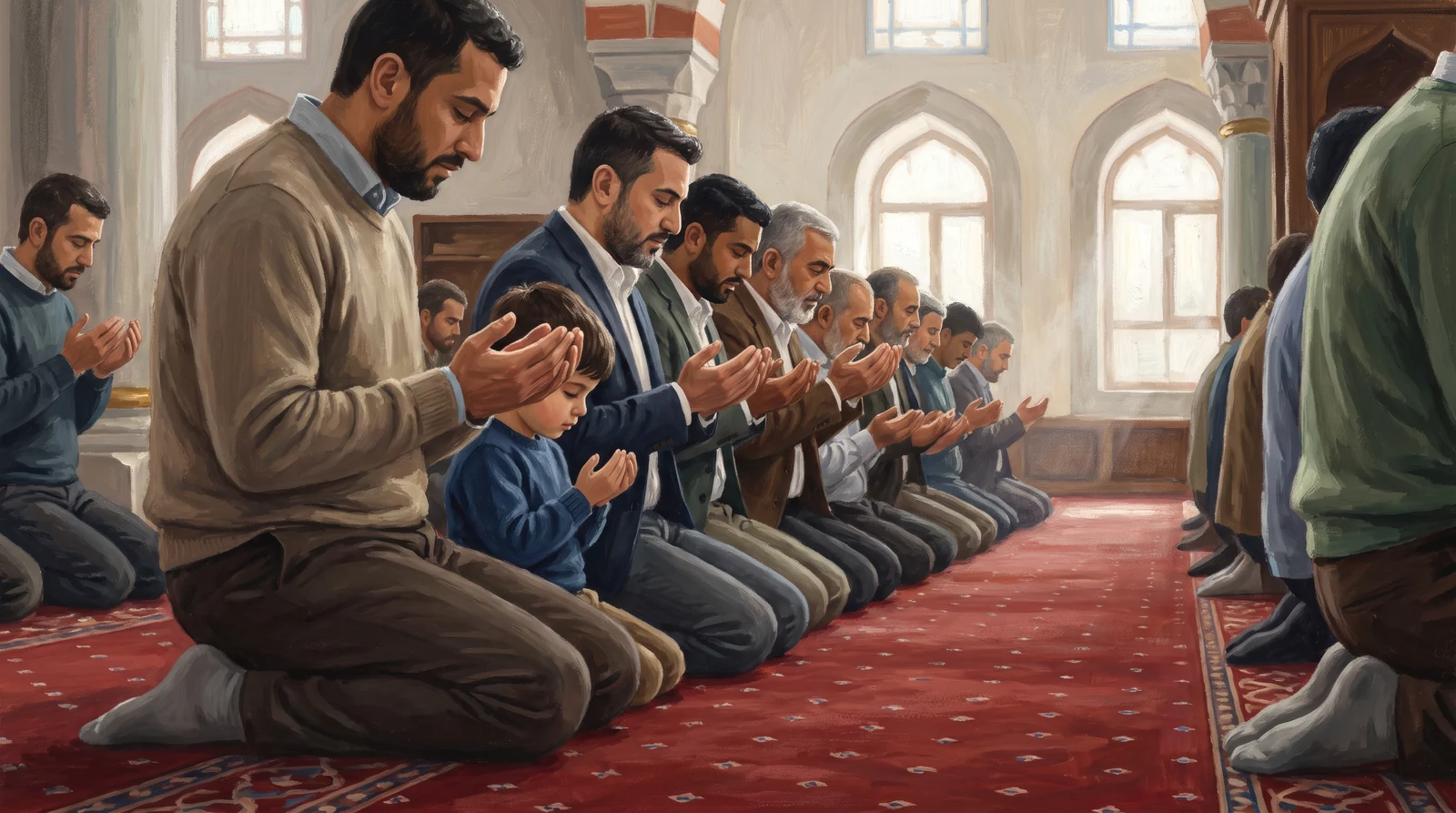 Namazdan sonra bir caminin kırmızı halısında diz çöküp yandan görünen, avuçlarını göğüs hizasında açıp dua eden farklı yaşlardan erkekler; aralarında babasını taklit eden küçük bir oğlan; kemerli pencerelerden yumuşak ışık giriyor.