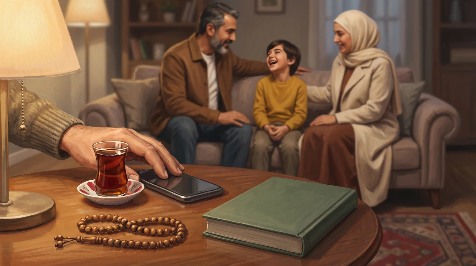 Akşam bir oturma odasında, yuvarlak ahşap masanın üzerinde bir el, cep telefonunu ekranı aşağı gelecek biçimde ters çeviriyor; yanında ince belli bardakta çay, tesbih ve kapalı yeşil bir kitap var; arkada kanepede baba, anne ve çocuk gülerek sohbet ediyor.