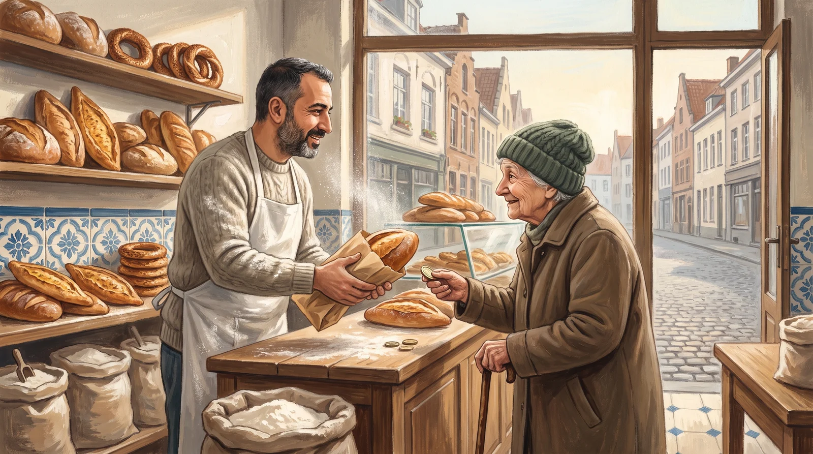 Tôt le matin, dans une petite boulangerie turque, le boulanger en tablier emballe dans du papier du pain encore chaud et le tend à une vieille dame belge appuyée sur une canne ; la dame montre sa petite monnaie au creux de sa paume ; sur les étagères, du pain et des simit, et derrière la vitre, une rue pavée.