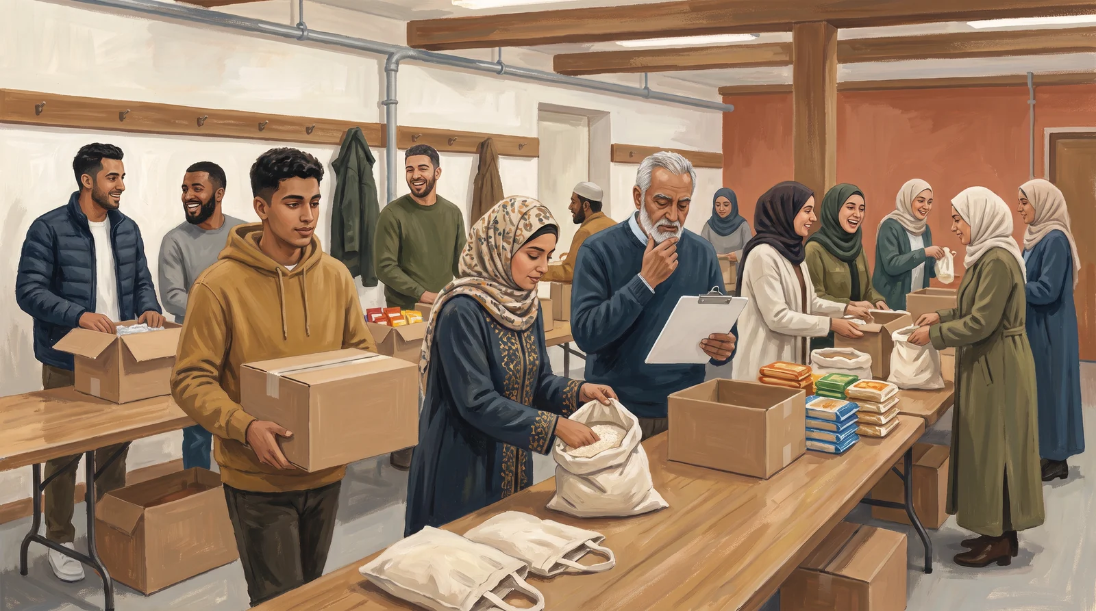 Bir cami derneğinin bodrum salonunda farklı yaşlardan gönüllüler uzun masalarda gıda kolisi hazırlıyor: koli taşıyan genç bir erkek, torbalara pirinç dolduran başörtülü bir kadın, listeyi kontrol eden yaşlı bir adam ve gülümseyen diğer gönüllüler.