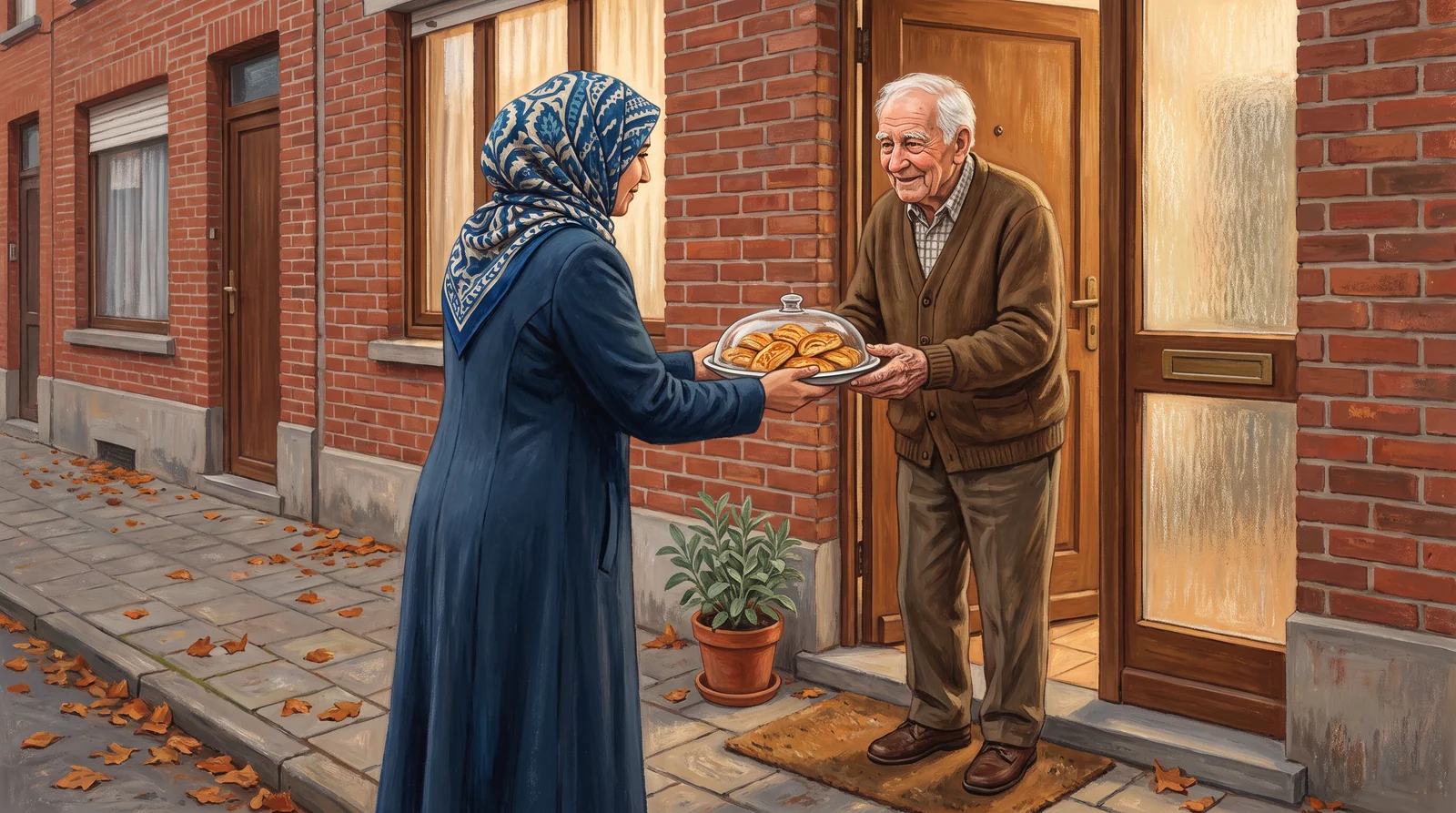 Sonbaharda tuğla bir sıra evin kapısında uzun paltolu, başörtülü bir kadın, açık kapıdaki yaşlı komşusuna cam kapaklı bir tabakta ev yapımı hamur işleri ikram ediyor; yaşlı adam minnetle gülümsüyor, kaldırımda sonbahar yaprakları var.